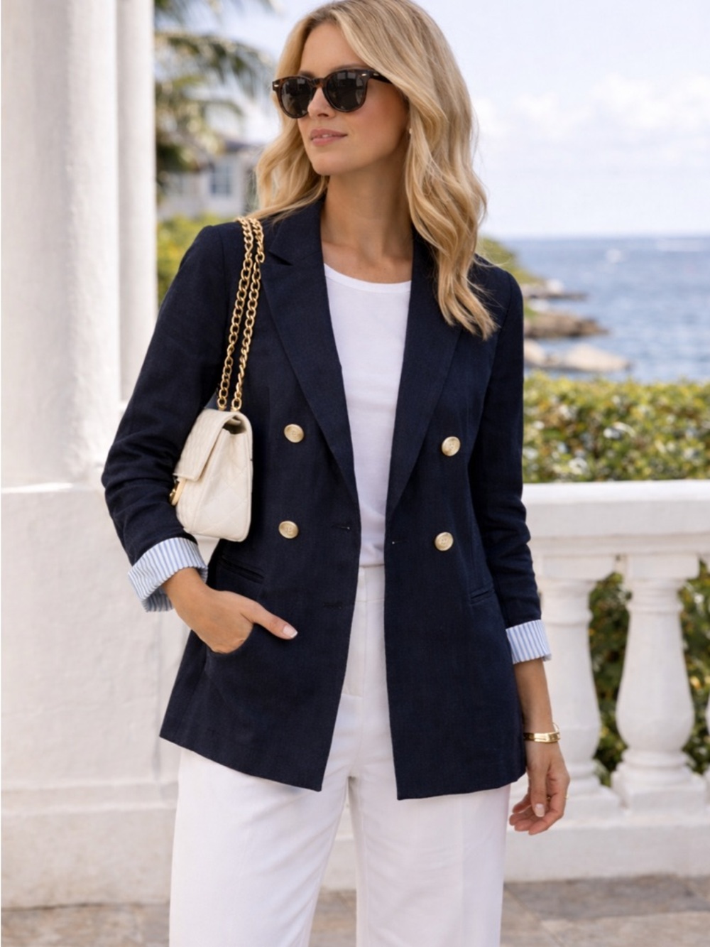 Jules & Leopold Navy Linen Blend Double Breasted Blazer Coastal Chic Preppy